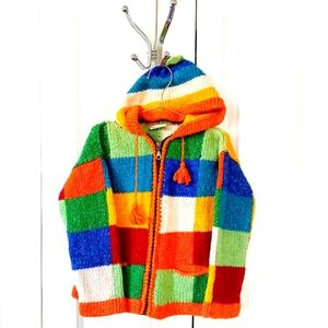 Colorful Bright Colorblock Zip Cardigan Wool Sweater size 4 Ecuador